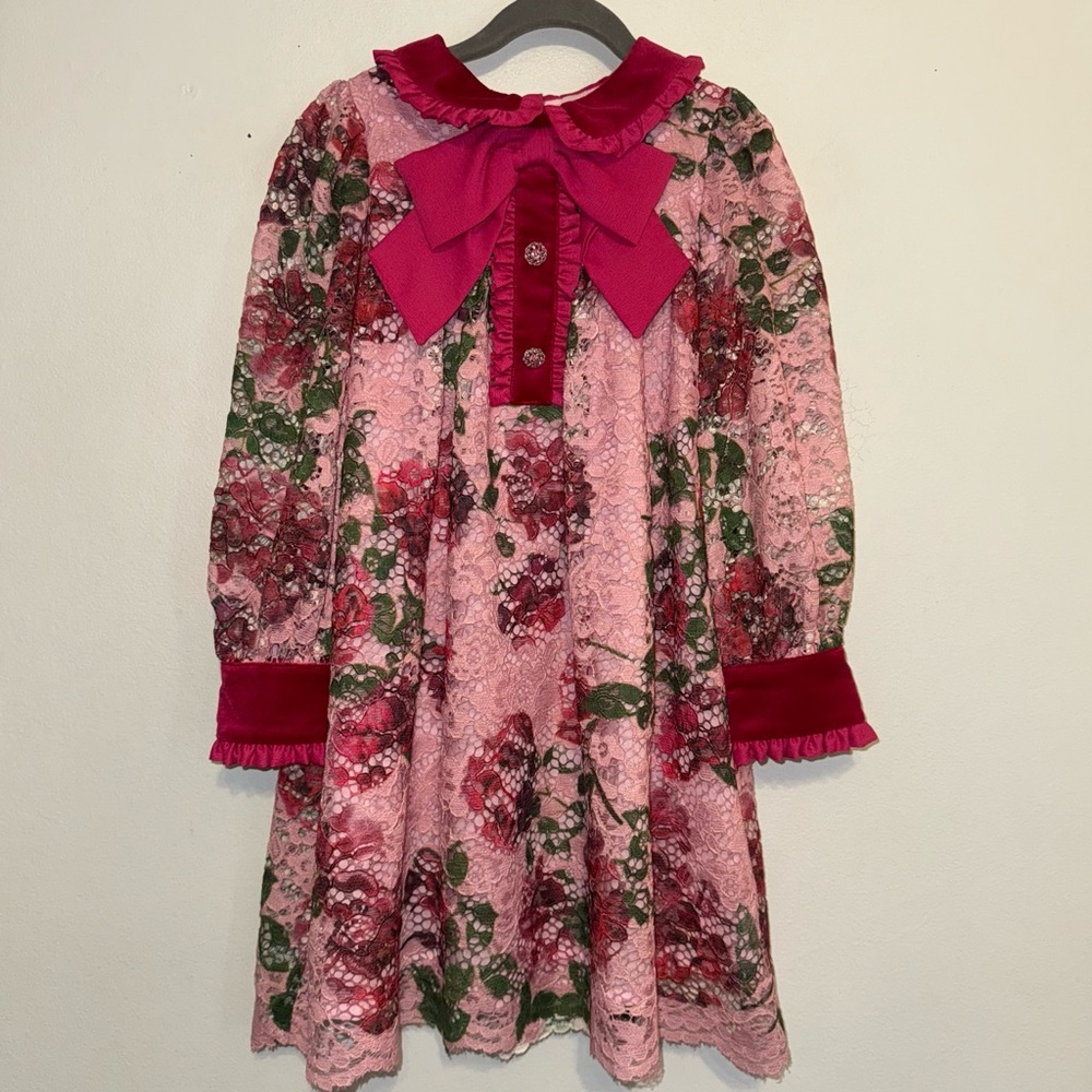 PATACHOU Girls Pink Floral Lace & Velvet Dress 6 Yrs Rhinestone Buttons